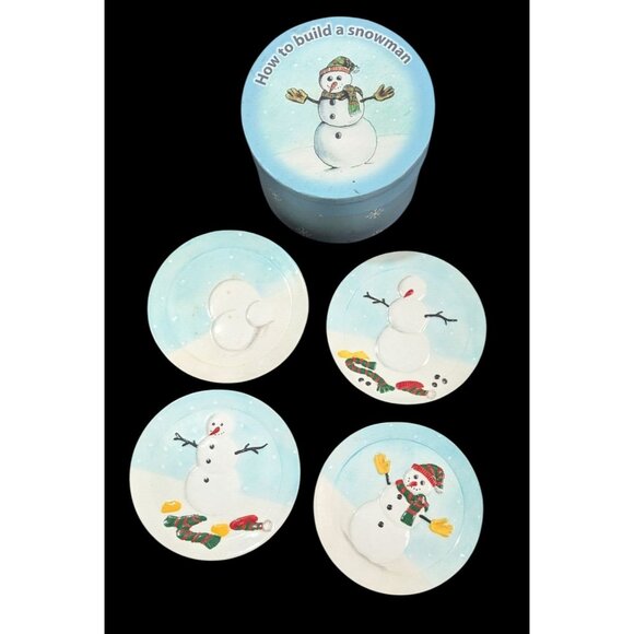 Mini "How To Build A Snowman" Plate Set Of 4 With Gift Box Adorable Winter Decor - Picture 1 of 7